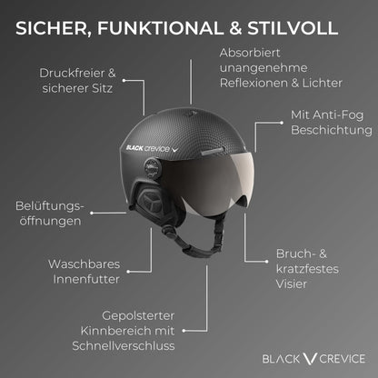 Black Crevice Arlberg ski helmet with 2 visors, carbon black/gray, M/L.