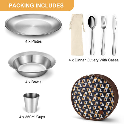 Odoland Camping Cutlery Set Tableware 25 PCS made of stainless steel Table service with case Knife Fork Spoon Plate Coffee cup ideal for 4 people Outdoor Travel Hiking Camping