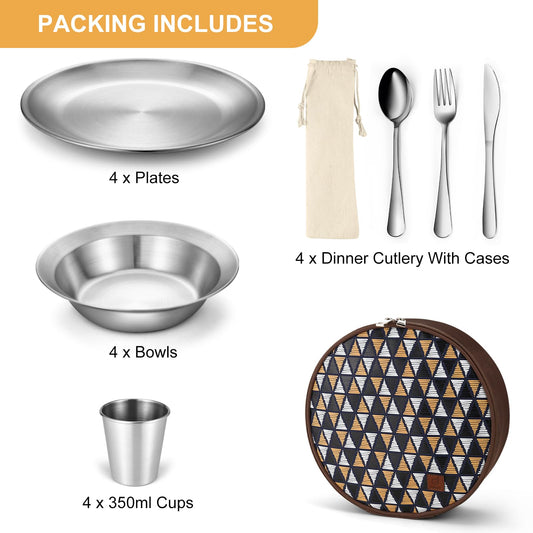 Odoland Camping Cutlery Set Tableware 25 PCS made of stainless steel Table service with case Knife Fork Spoon Plate Coffee cup ideal for 4 people Outdoor Travel Hiking Camping