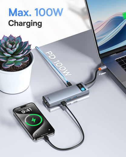 Baseus 9 in 1 Docking Station features USB C 4K@120Hz, dual HDMI monitors, 1000Mbps Ethernet, 100W PD, TF/SD card reader, USB 3.0, and multiport adapter for MacBook, Dell, HP, Surface, Lenovo, and other PCs.