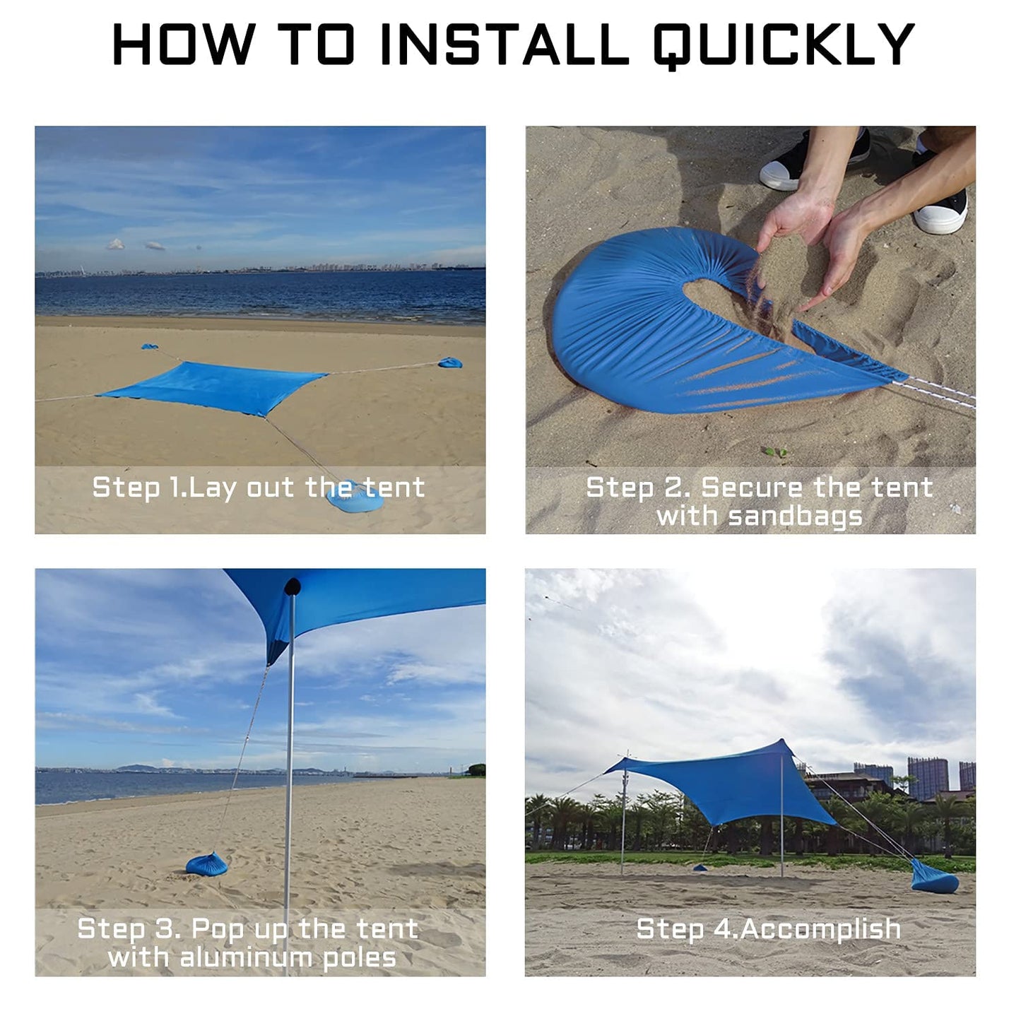 2x2m sun protection Beach Windproof Stable Beach Tent UV Protection 4-8 people sunshade beach with poles beach shelter Quick Up sun tent Sun tent Garden