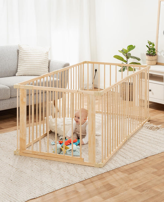 dibea Playpen for Baby & Toddler, sustainable play yard made of light spruce wood with door, 6 panels each 90x68 cm, sturdy barrier gate protects during crawling & first steps, safe protective gate