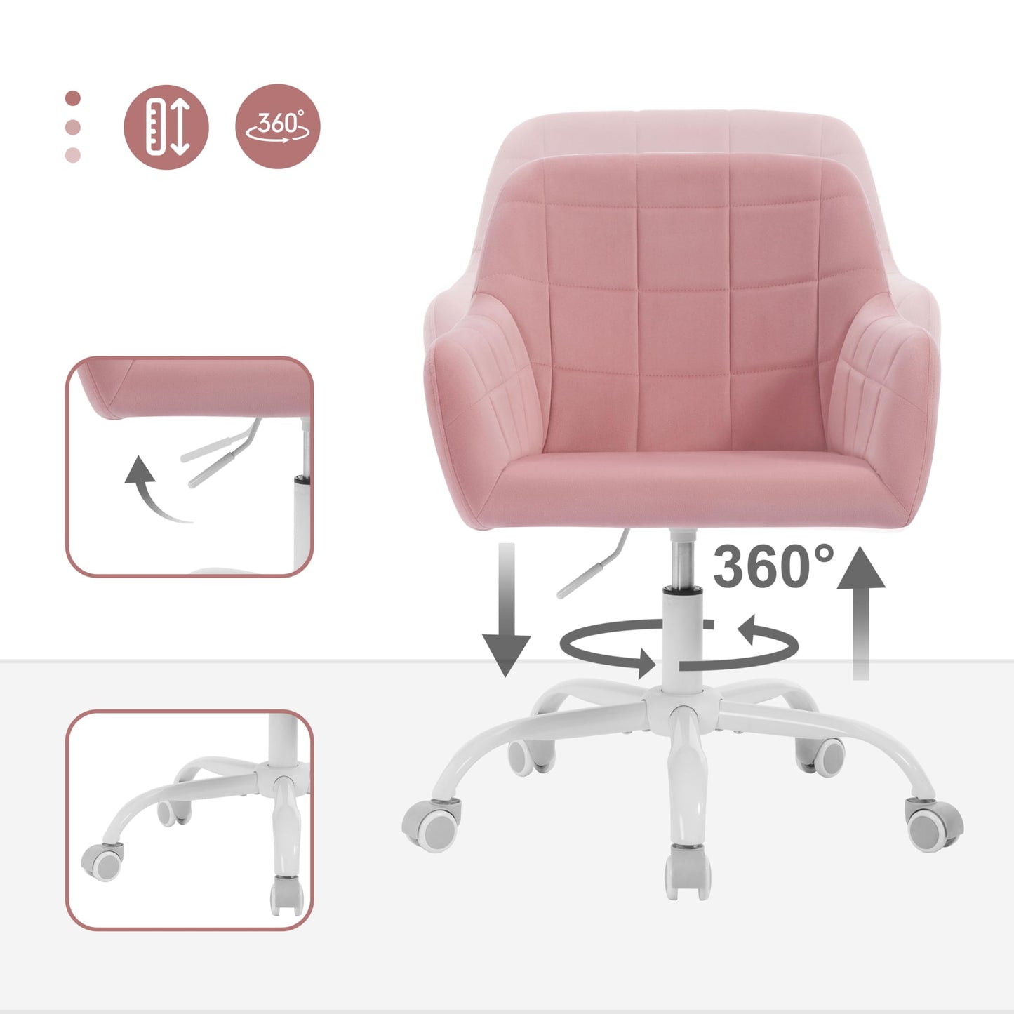 WOLTU Vanity Chair, Swivel Desk Chair, Rolling Office Chair, Ergonomic Task Chair, Height Adjustable Seat for Home Office, Bedroom, Office, Velvet, Pink