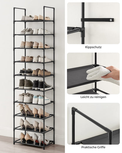 SONGMICS Shoe Rack, 10 Tiers, Shoe Shelf, Shoe Storage, Narrow, 28 x 45 x 173 cm, Metal Frame, Shelves with Non-Woven Fabric, for Entryway, Bedroom, Black LSH010B02