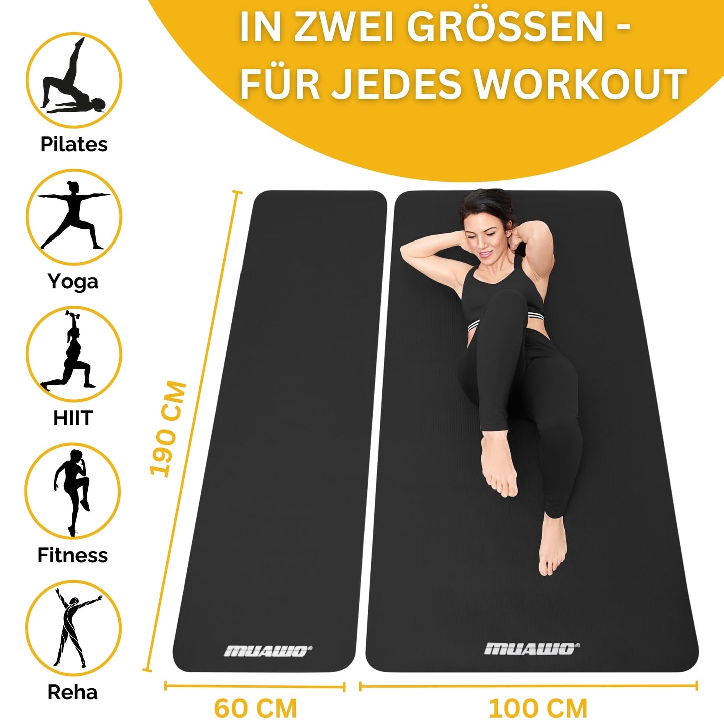 Muawo Premium Sports Mat and Fitness Mat, perfect as a yoga mat, gymnastics mat, workout mat | non-slip | extra thick & extra long | 190 cm length x 60 cm width x 1.5 cm thickness (Black)