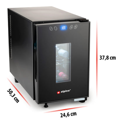 Alpina Wine Cooler 18L - Cooler for 6 bottles - Bottle chiller 230V - Temperature adjustable from 11°C to 18°C - Glass door and interior lighting - Low noise to silent operation - Black
