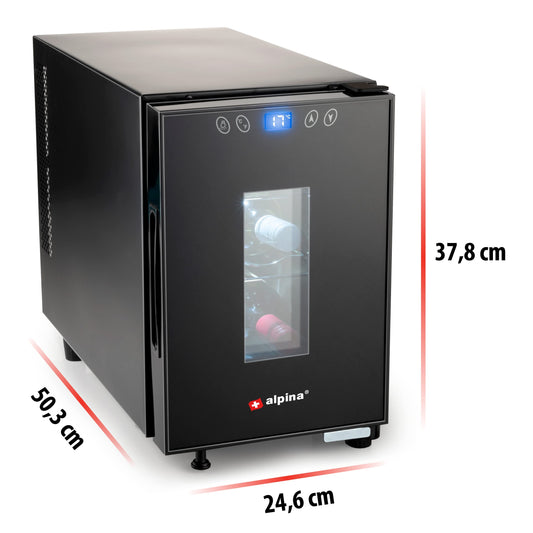 Alpina Wine Cooler 18L - Cooler for 6 bottles - Bottle chiller 230V - Temperature adjustable from 11°C to 18°C - Glass door and interior lighting - Low noise to silent operation - Black