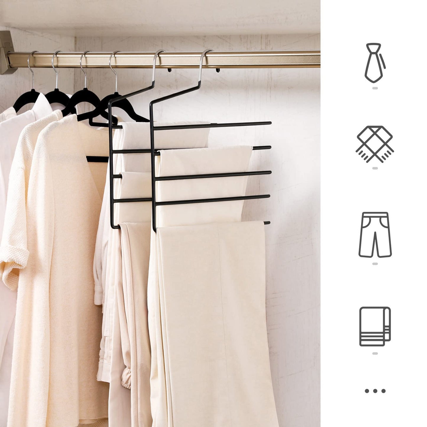 SONGMICS space-saving pants hangers, set of 4, multi-clothes hanger, open end, non-slip, for 5 pants each, for jeans, towels, scarves, black CRI034B02