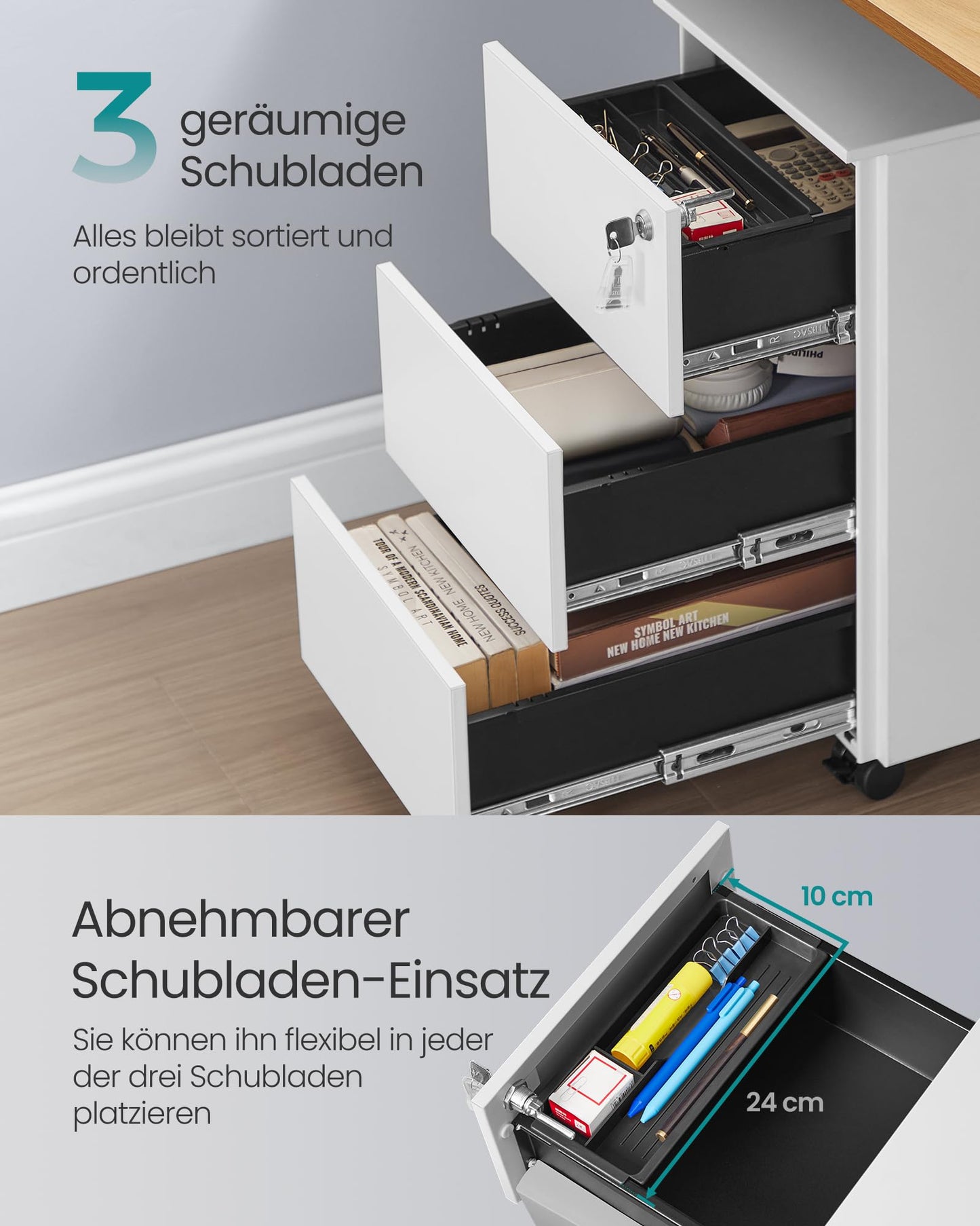 SONGMICS Drawer Cabinet, Rolling File Cabinet, Mobile Filing Cabinet, Metal Cabinet, Printer Stand, Lockable, 3 Drawers, Pre-Assembled, Office, Home Office, 40 x 30 x 54 cm, Matte White OFC079W01
