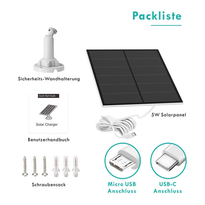 5W solar panel for surveillance camera, camera solar module for DC 5V outdoor battery camera, with micro-USB connection, USB-C adapter, adjustable bracket, 9.8ft cable, 1 pack.