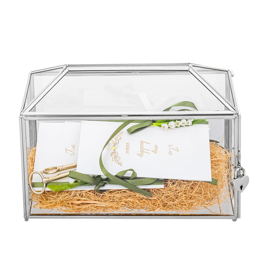 NCYP 32x15x23cm Silver Wedding Card Box made of glass with slot and lock. Handmade decoration for thank you cards, keepsakes, envelopes, terrarium (Glass box and lock only)