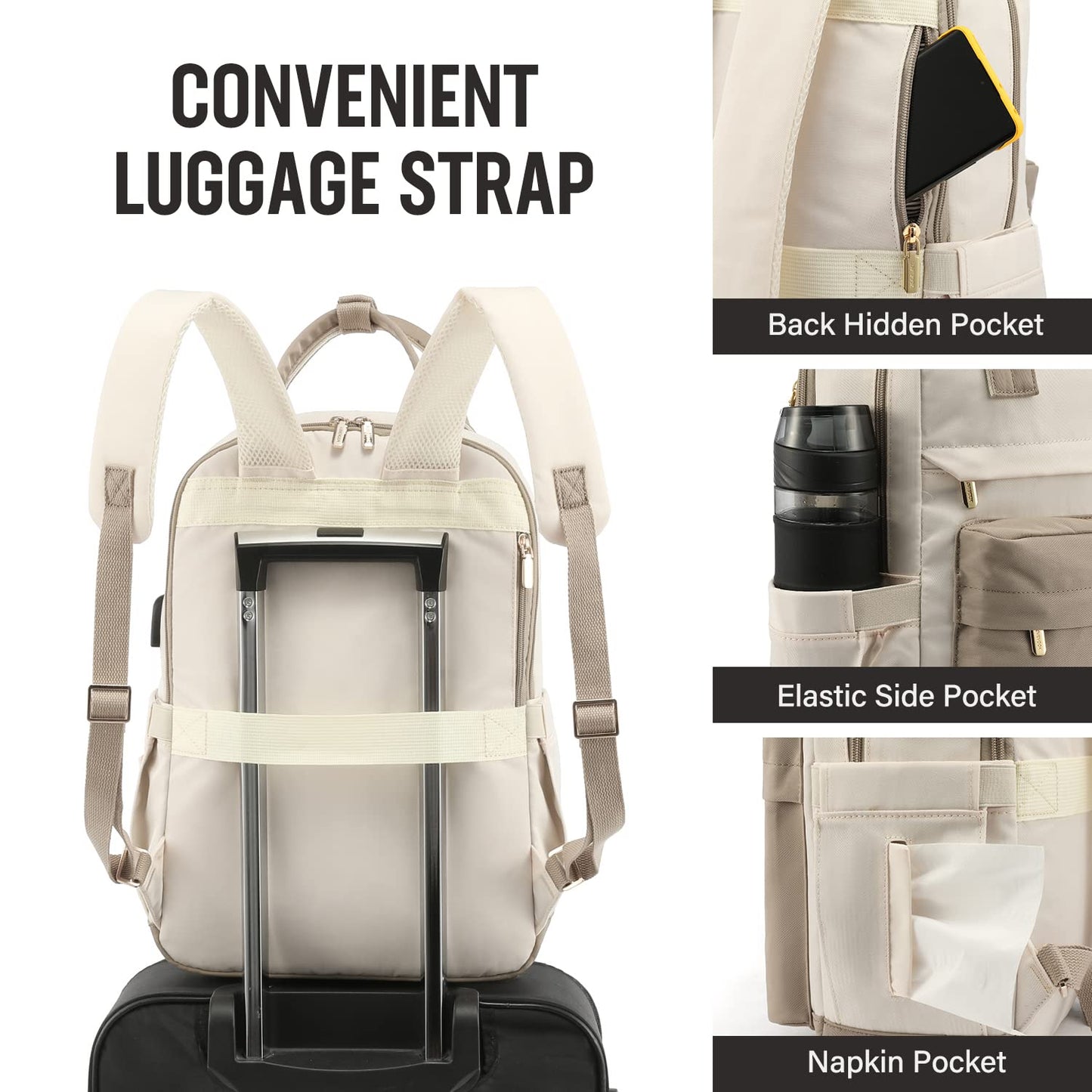 LOVEVOOK backpack for women, 15.6 inch laptop school backpack for girls teenagers with laptop compartment, waterproof school bag daypack elegant for school college travel work, khaki beige