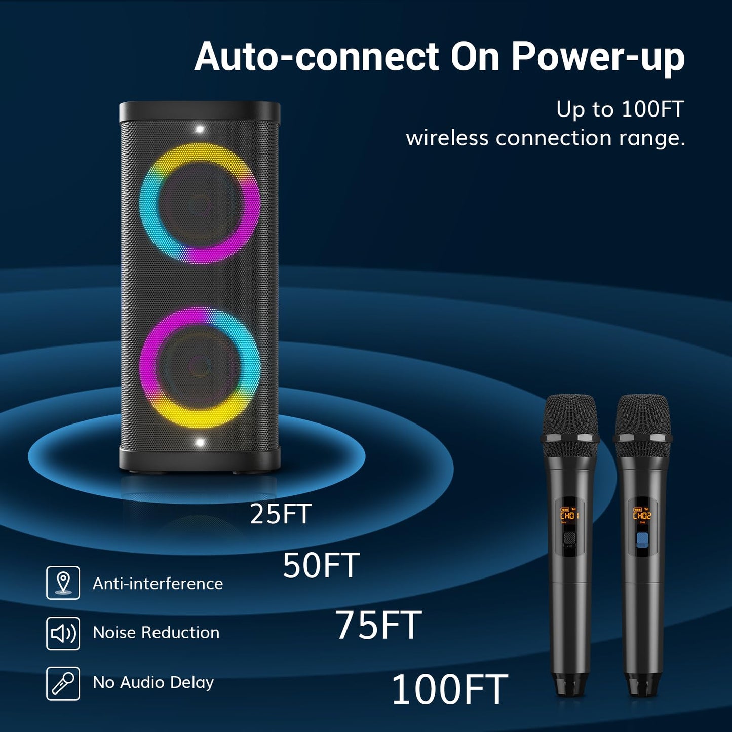 Karaoke machine with 2 wireless microphones for adults and kids, TONOR Bluetooth PA speaker system with LED lights, rechargeable battery, great for home and outdoor karaoke parties K61