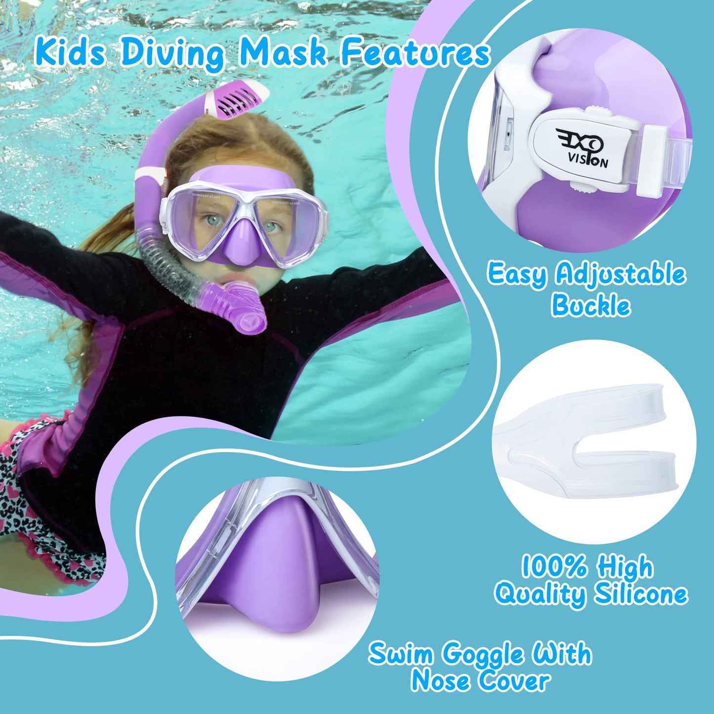 Children Diving Mask, 180° Anti-Fog Kids Swim Mask Tempered Glass Swimming Goggles with Nose Guard Anti-Leak Diving Mask for 4-15 Boys Girls Youth (Purple)