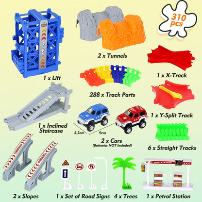 Racing track children's toy for ages 3-5 with 2 toy cars, 309-piece car track raceway for boys ages 3-7, racing gift for boys and girls ages 3-5, 505cm length race track.