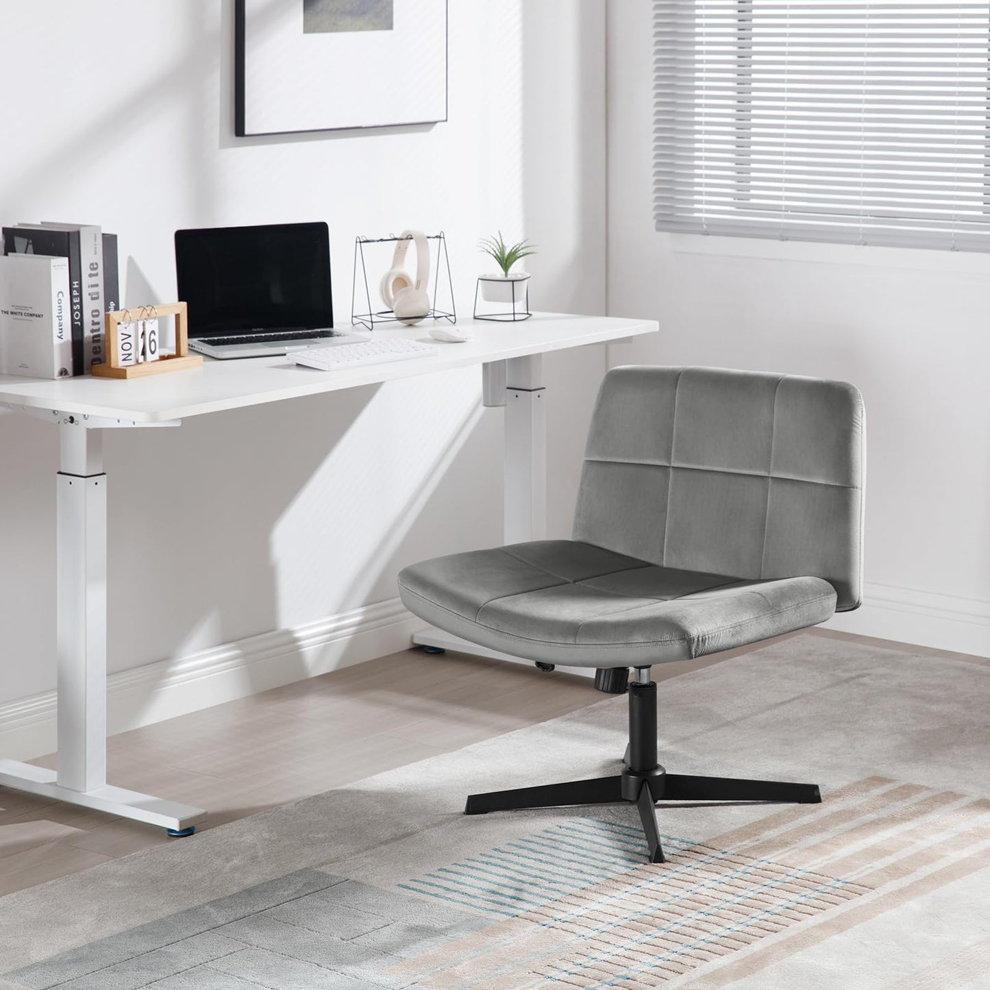 WOLTU Office Chair without armrests, height adjustable swivel chair without casters, desk chair with velvet cover, reading chair with wide seat, rocking function, 150 kg load capacity, Dark Grey, BS158dgr