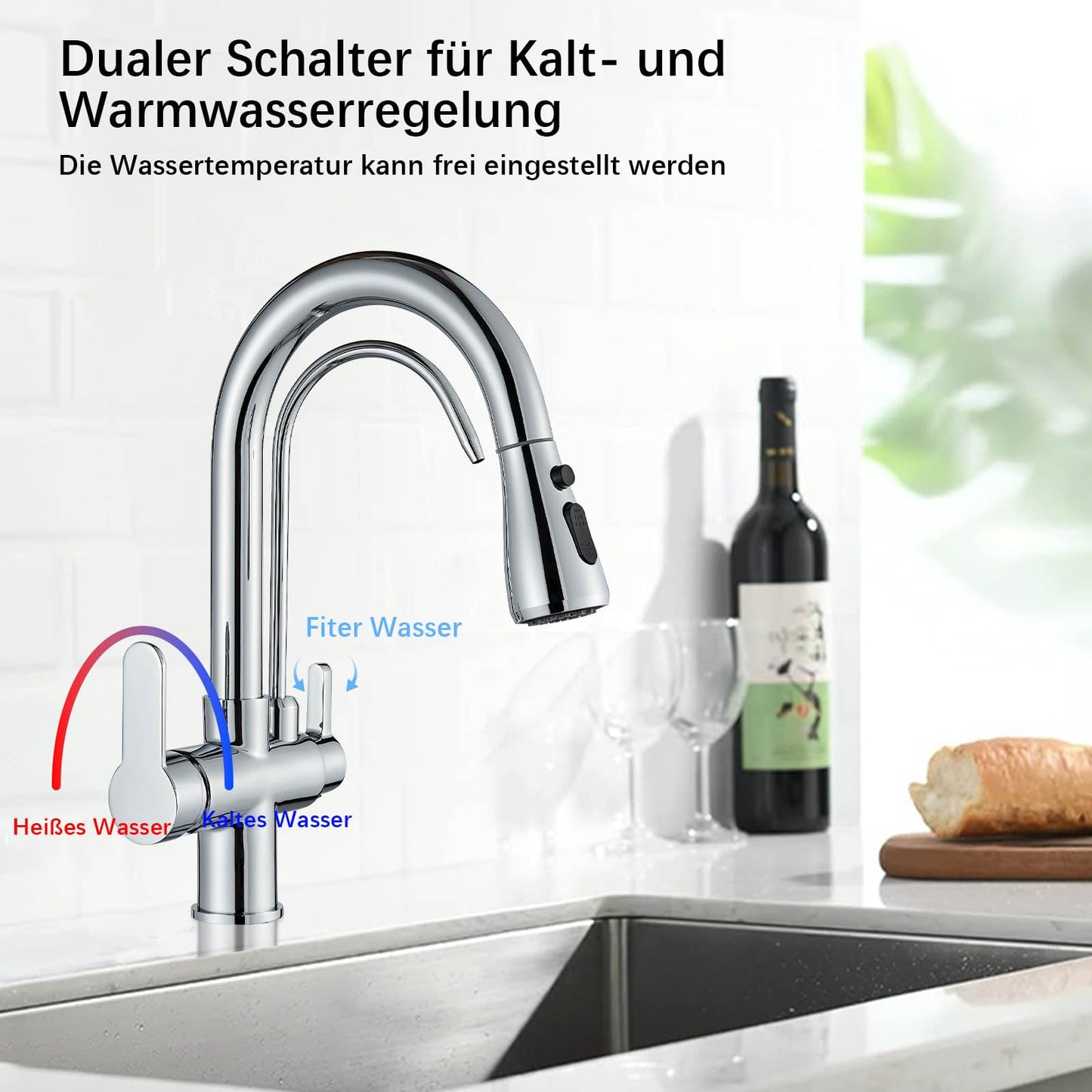Onyzpily Kitchen Faucet Chrome High Pressure Kitchen Faucet with Pull-Out Sprayer, Pure Water Mixer Tap Sink Faucet 360° Swivel 2 Spray Functions High Arc Stainless Steel