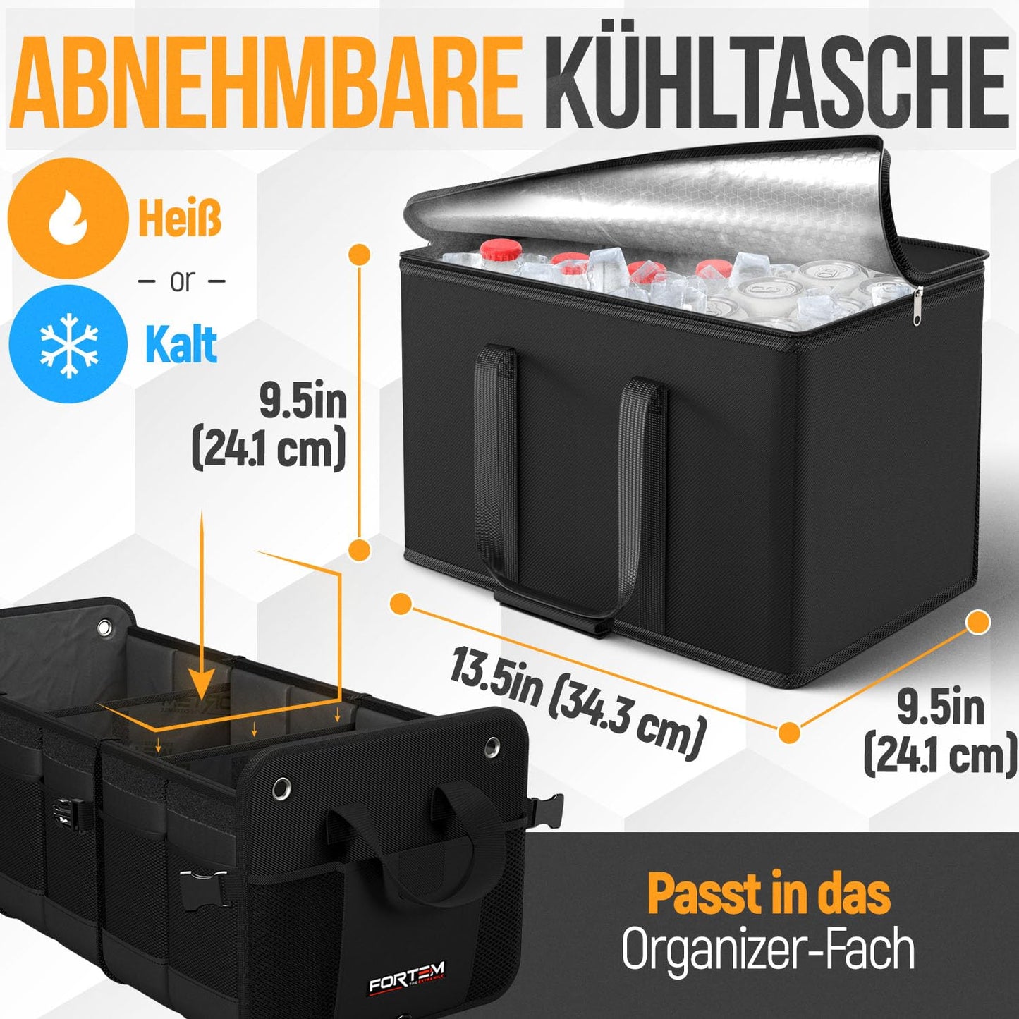 FORTEM Trunk Organizer, Trunk Bag, Collapsible Car Trunk Organizer with Compartments, Non-slip Bottom, Adjustable Securing Straps, Foldable Lid (Extra Large with Cooler)
