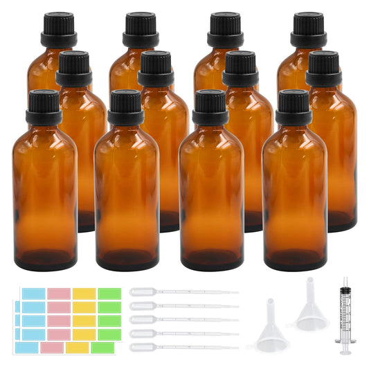 Episkey 12 Pack Brown Glass Bottle 100ml, Glass Dropper Bottle Brown Apothecary Bottle Set including small glass bottle dropper funnel syringe and label (Brown, 100ml)