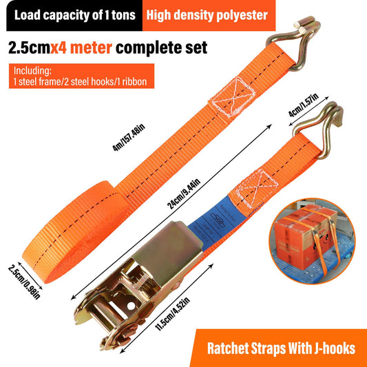 8 pieces of tension straps with hooks ratchet in 4m 1000kg 1T two-part 25 mm ratchet strap lashing straps for cargo securing TÜV/GS certified (Orange)