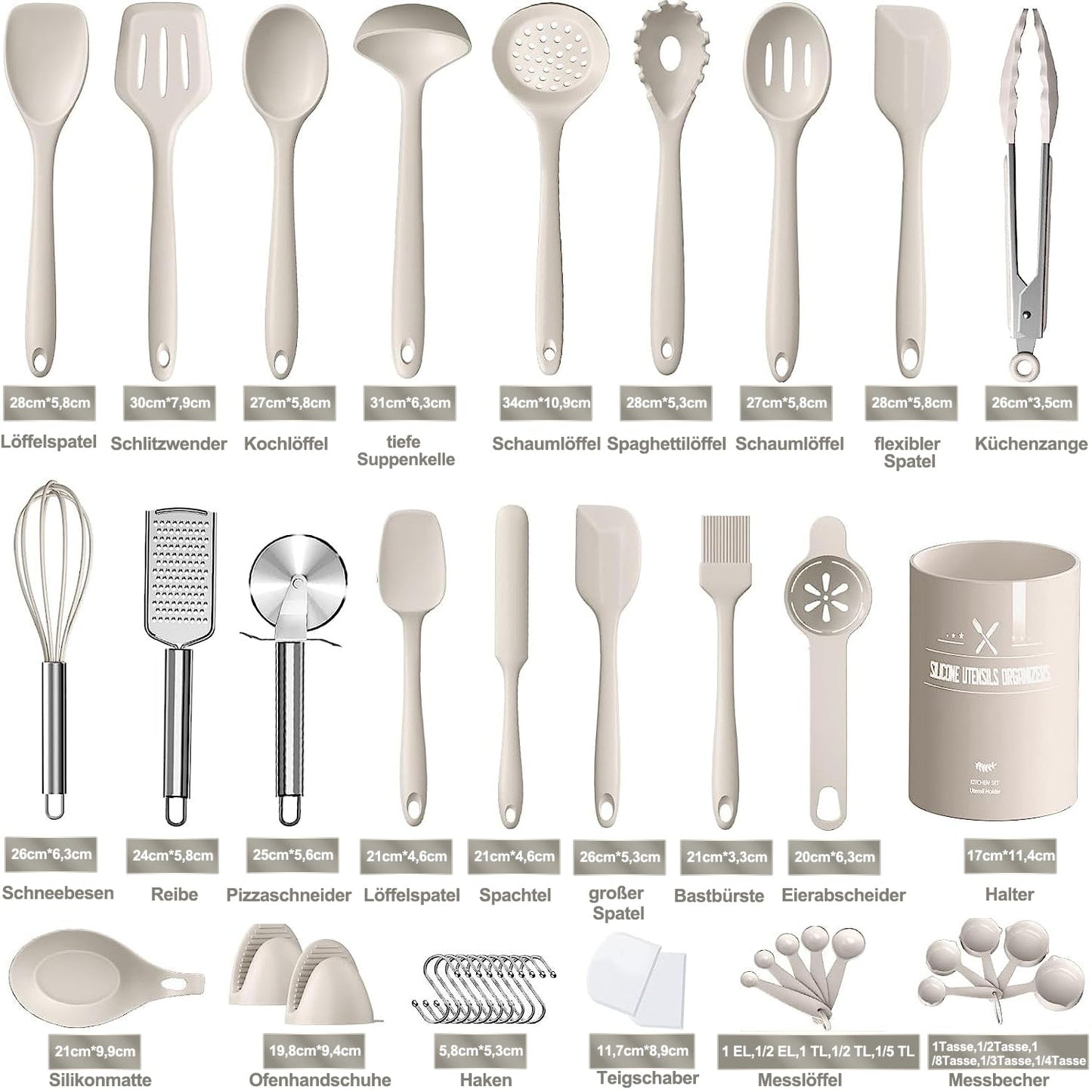43-piece silicone kitchen utensil set, heat-resistant cookware with utensil holder, non-stick cooking set kitchen utensils, dishwasher safe - khaki