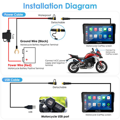 The Carpuride W702 Pro motorbike Carplay screen features intercom function, wireless CarPlay and Android Auto, portable waterproof 7-inch touchscreen, improved dual Bluetooth, navigation, compass.
