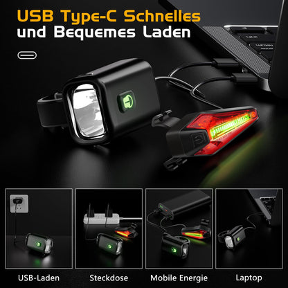LED bike light set, StVZO approved front and rear bike lights with 1000mAh battery, 50 LUX bike light set USB rechargeable IPX5 waterproof bike lights LED set