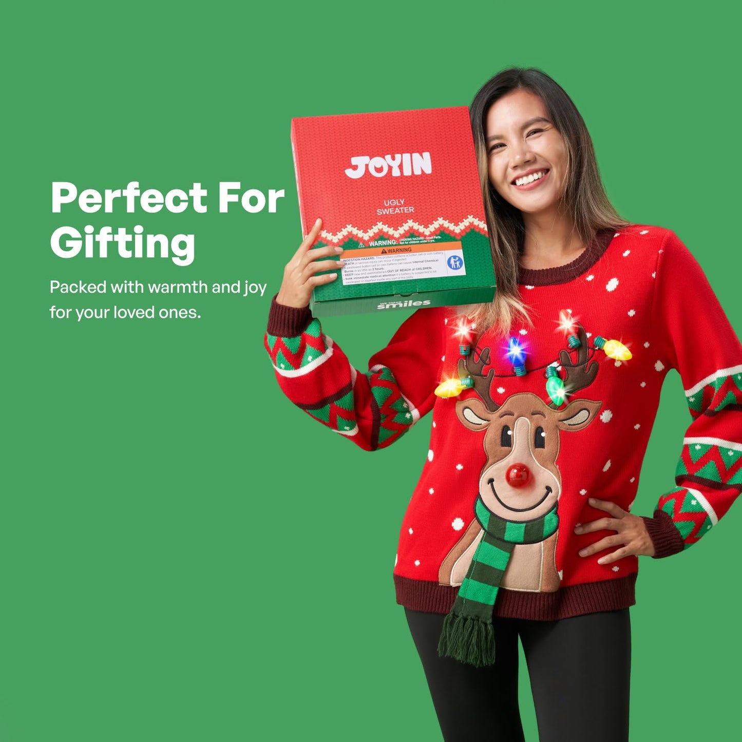 JOYIN Women's LED Light-Up Reindeer Ugly Christmas Sweater with Built-In Lights, Large.