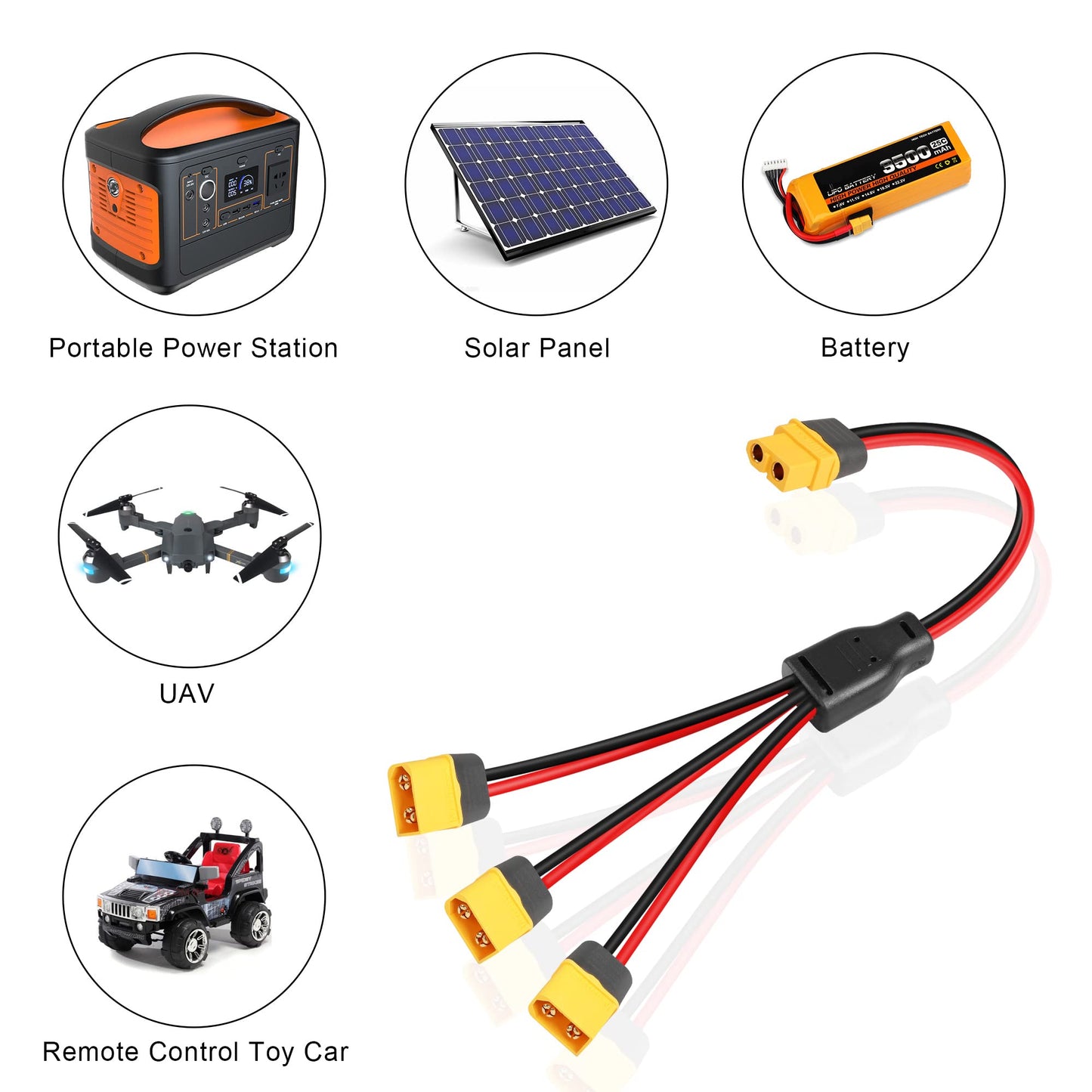GINTOOYUN XT60 Splitter Extension Cable 1 Socket to 3 Plugs Adapter, 12AWG XT60 Power Extension Cable for Solar Panel, Solar Generator, Portable Power Station, Drone, RV, Boat, etc. (0.3M)
