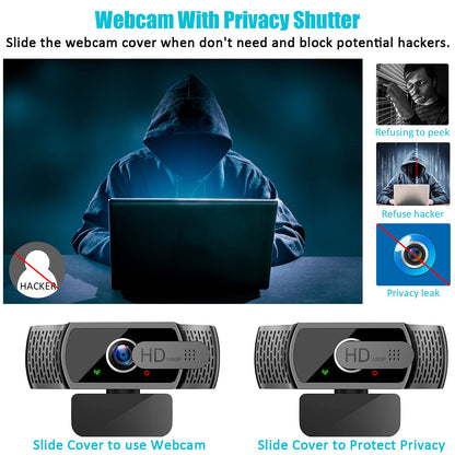 Full HD 1080P webcam with microphone and tripod, automatic light correction, Neefeaer USB PC webcam with cover, 97° wide angle, PC camera for PC, laptop, computer, Linux, Mac