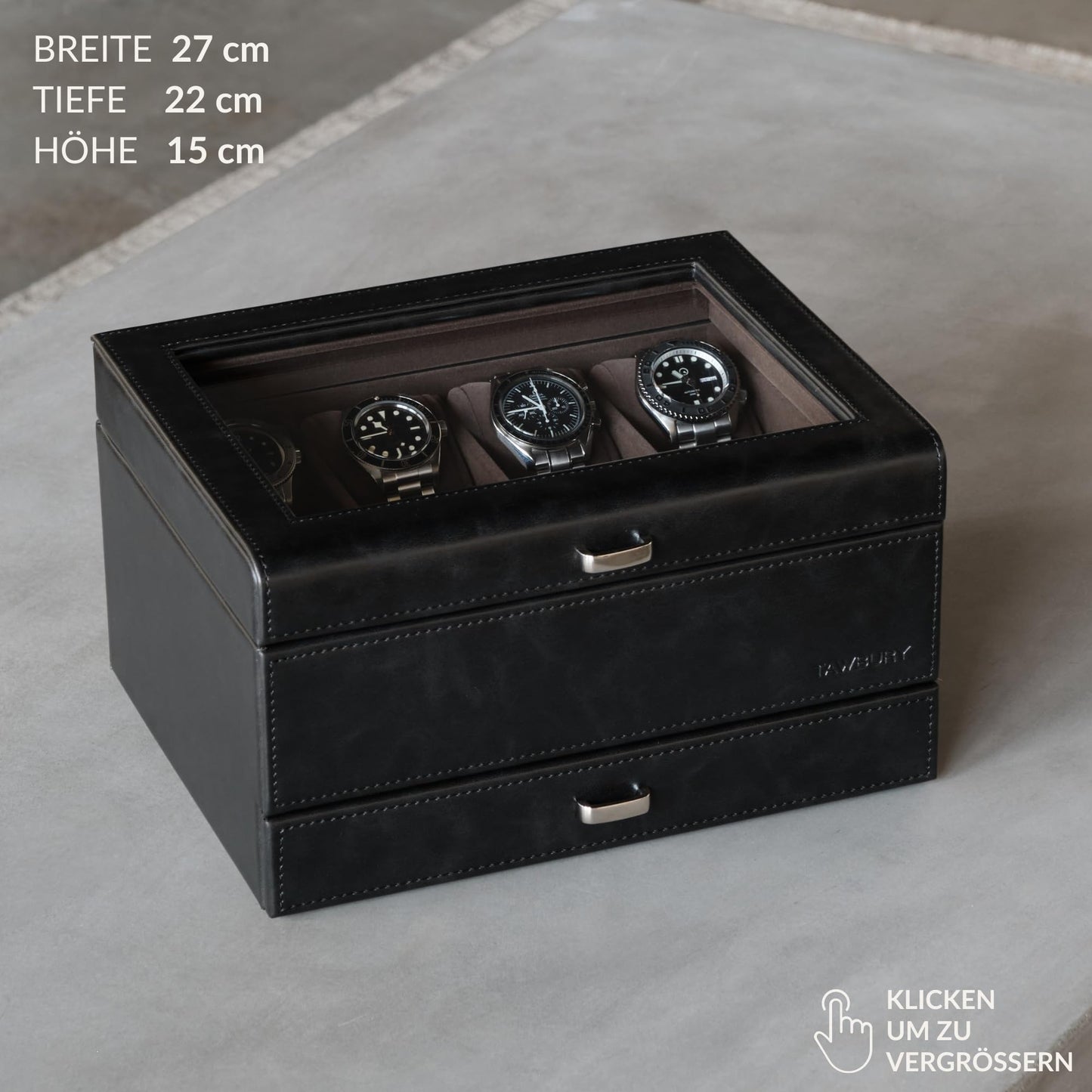 TAWBURY watch box for men up to 8 watches - black watch and jewelry storage box with drawer for men | Faux leather watch storage case | Luxury watch box for men | Watch holder
