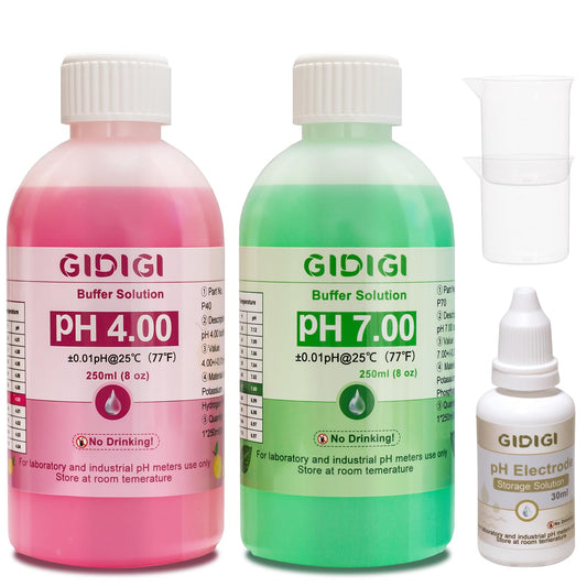 pH meter calibration solution kit, includes pH 4.00, 7.00, and pH electrode storage solution, pH calibration buffer solution 250 ml*2, pH probe storage solution 30 ml*1, pH tester accessories.