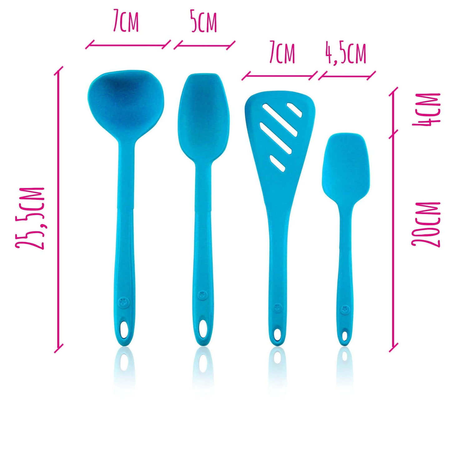 Kitchen helper set from Kochblume - design turner S & gravy spoon S & ladle S & flex spoon S 4-piece set | Premium silicone | Heat-resistant | Dishwasher safe | Color: pink.