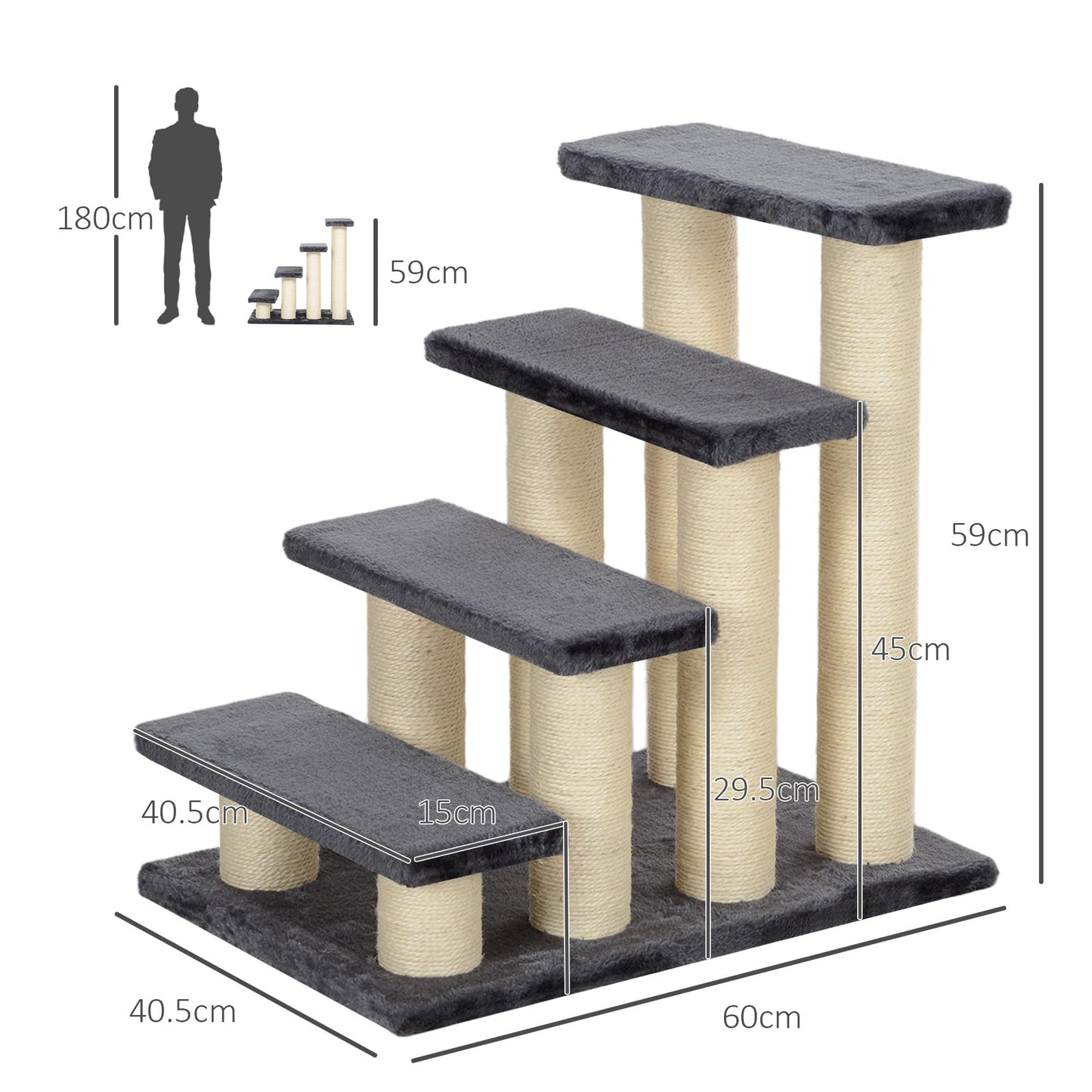 PawHut Pet Stairs Cat Stairs Dog Stairs 4 Steps Stairs for Cats and Dogs Plush Grey 60 x 42 x 61 cm