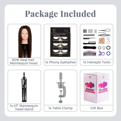 Neverland training head with stand - 71cm, 60% real hair. Perfect for practicing hairstyling and makeup. Comes with table clamp and DIY braid hair set.