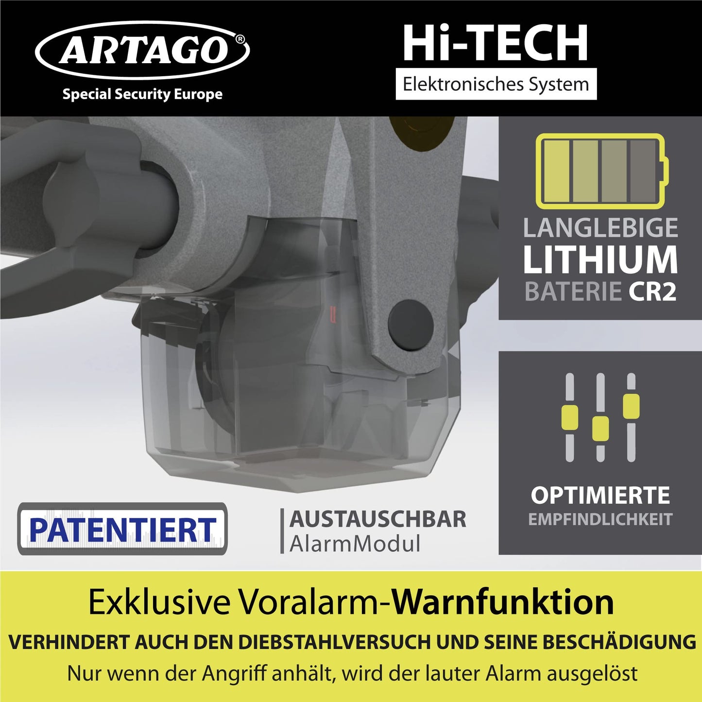 ARTAGO 870 High-quality steering wheel lock, 2in1 steering lock with/without alarm Don't Touch 120dB+LED, steering wheel lock. Secure and deterrent around the steering wheel spoke, best anti-theft protection for cars.