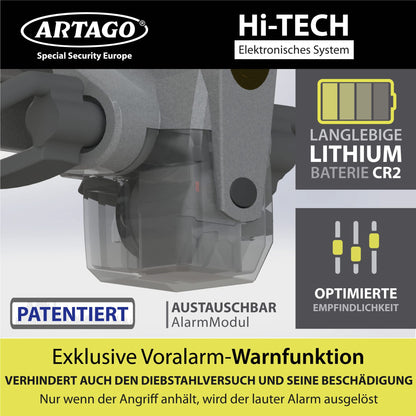 ARTAGO 870 High-quality steering wheel lock, 2in1 steering lock with/without alarm Don't Touch 120dB+LED, steering wheel lock. Secure and deterrent around the steering wheel spoke, best anti-theft protection for cars.