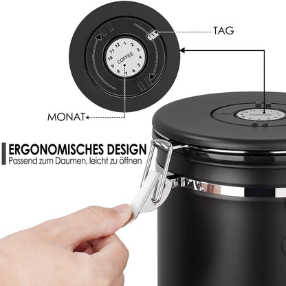 SMRONAR Coffee Canister Airtight, 2.8L Coffee Beans Container made of Stainless Steel, 1kg Beans Vacuum Coffee Can, Airtight Stainless Steel Coffee Canister with CO2 Valve, Measuring Spoon & Date Display for Tea Nuts Cocoa.