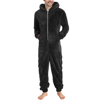 Men's teddy fleece jumpsuit onesie in large size, perfect for winter nights. Warm and fluffy with a hood, this cozy sleepwear is great for lounging around.