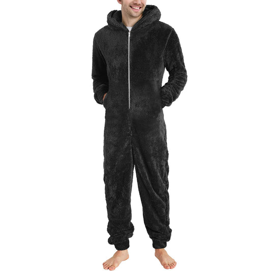 Men's teddy fleece jumpsuit onesie in large size, perfect for winter nights. Warm and fluffy with a hood, this cozy sleepwear is great for lounging around.