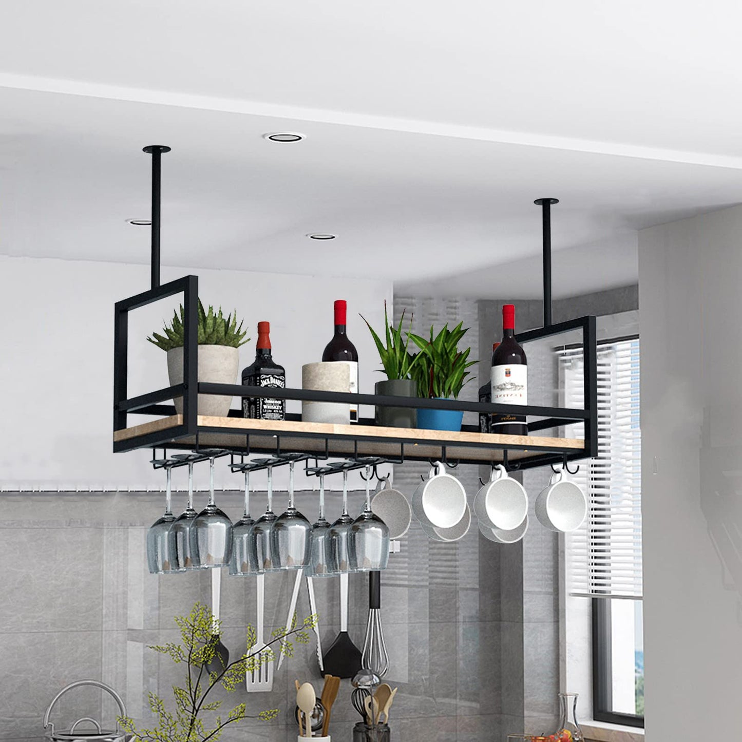 DSVONAUS Ceiling Wine Rack, Hanging Wine Glass Rack made of Metal, 140cm Bar Display Wine Storage Holder, Industrial Ceiling Rack Hanging for Bar Restaurant Cafe Kitchen