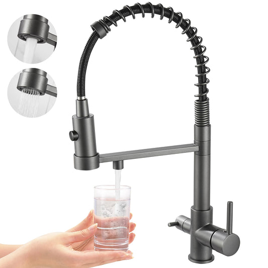 3 Way Kitchen Faucet, Pull-Out Kitchen Tap, Brass Sink Tap, 3 in 1 Mixing Faucet for Water Filter (gray)