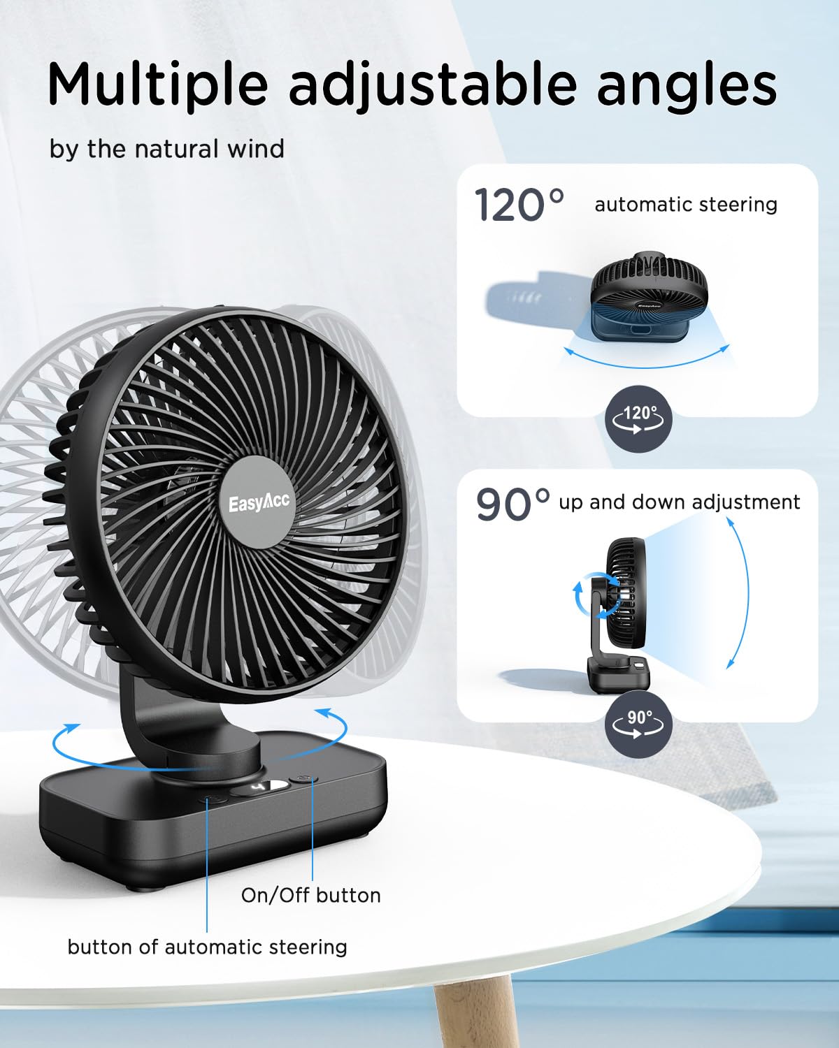 EasyAcc Table Fan, 4000 Battery Automatic Oscillating Small USB Fan, Portable Rechargeable Base Fans with 4 Speeds for Camping, Office, Library, and Home - Black