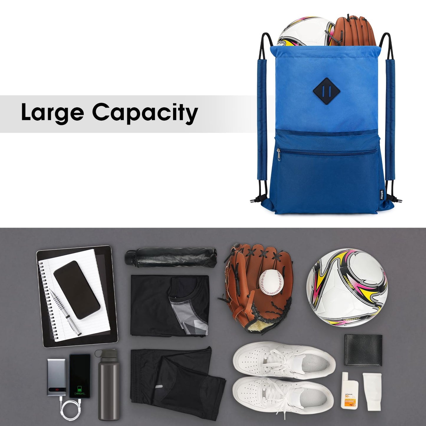 WANDF Drawstring Backpack, Sports Gym Bag with Wet Pocket, Water-Resistant Drawstring, Cinch Bag for Men and Women (Blue with Shoulder Padding)