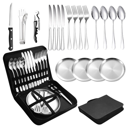 Camping cutlery set for 4 people - Stainless steel camping tableware set for outdoor, picnic and travel - with stainless steel knife, fork, spoon and plate, Portable cutlery including cutlery bag.