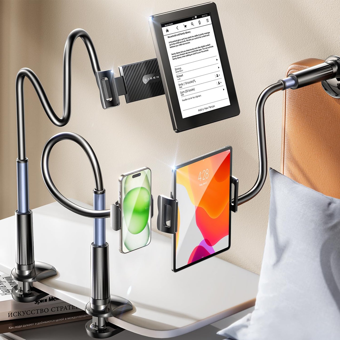 LISEN swan neck tablet holder for bed [2 clips] tablet stand 360° rotatable Kindle holder, universal tablet holder with iPhone 16 15 series iPad Pro Galaxy Tabs from 4 to 12.9 inch devices