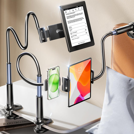 LISEN swan neck tablet holder for bed [2 clips] tablet stand 360° rotatable Kindle holder, universal tablet holder with iPhone 16 15 series iPad Pro Galaxy Tabs from 4 to 12.9 inch devices
