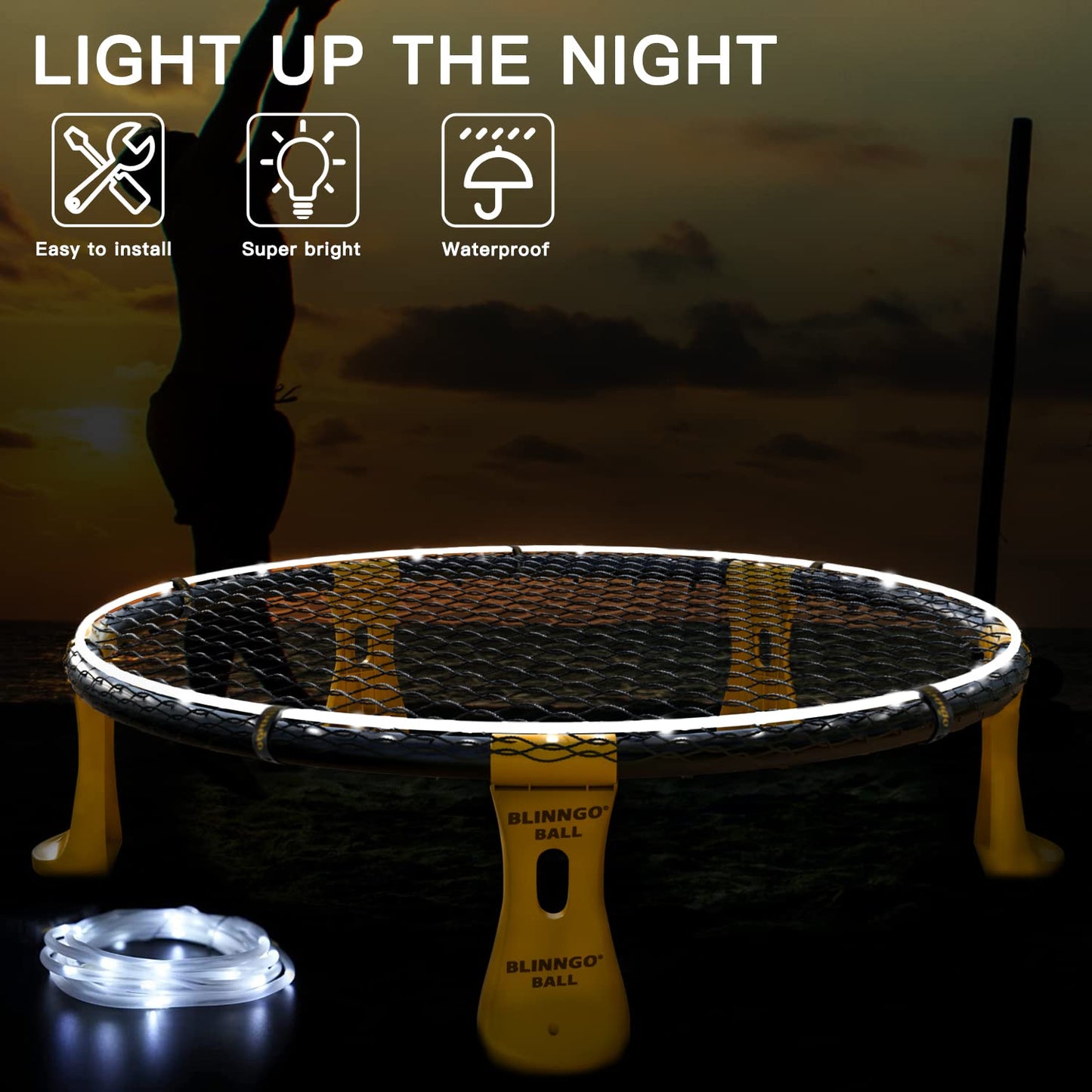 Mookis Blinngoball Outdoor Roundnet Game Set, includes game net, 3 balls, drawstring bag, ball pump with 1 needle, and instruction manual and more.