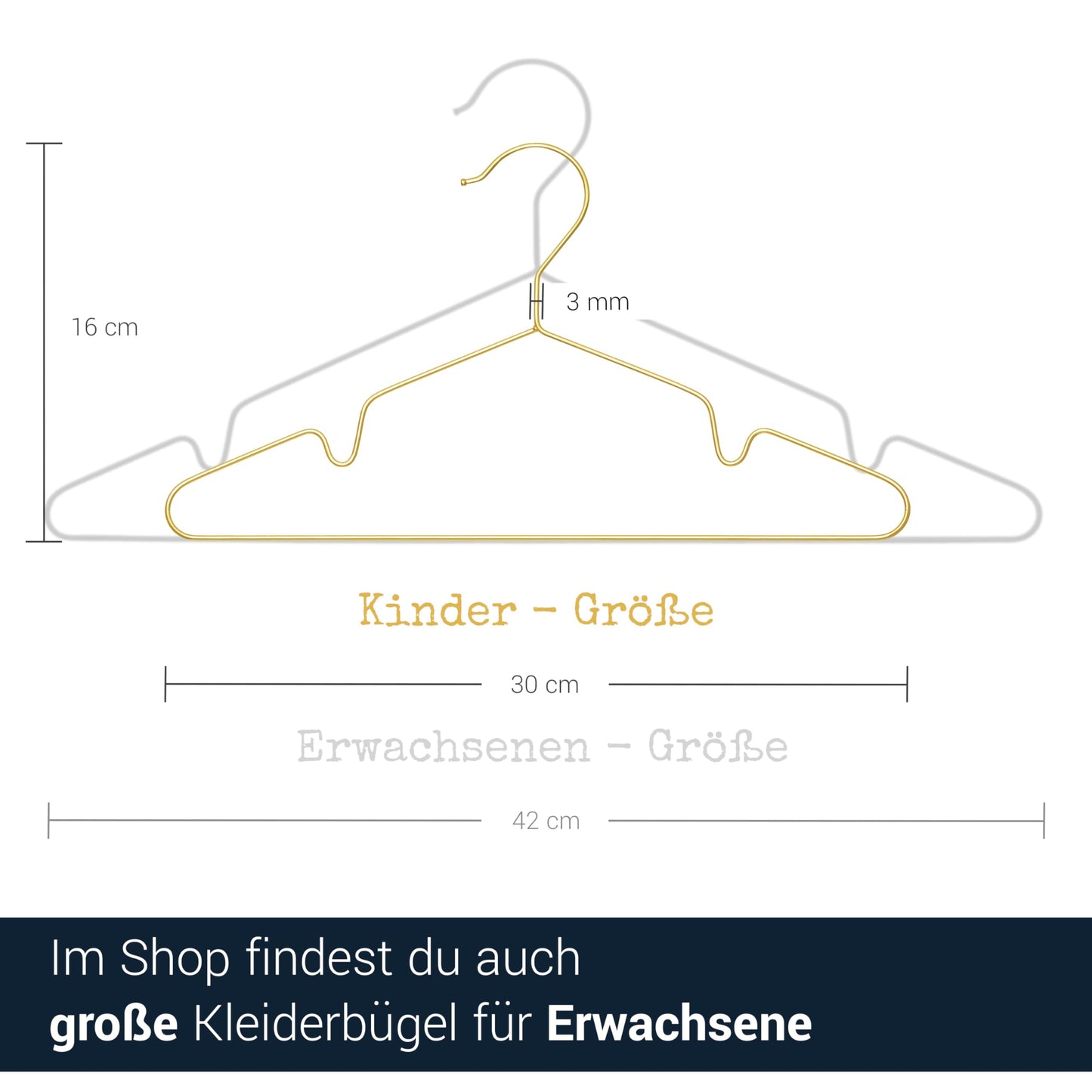 ROW&LINE® - Children's hangers (30 cm) - 20 pieces (Gold) - space-saving baby hangers - sturdy for heavy clothing - wire hangers for organization & uniform look in the closet.