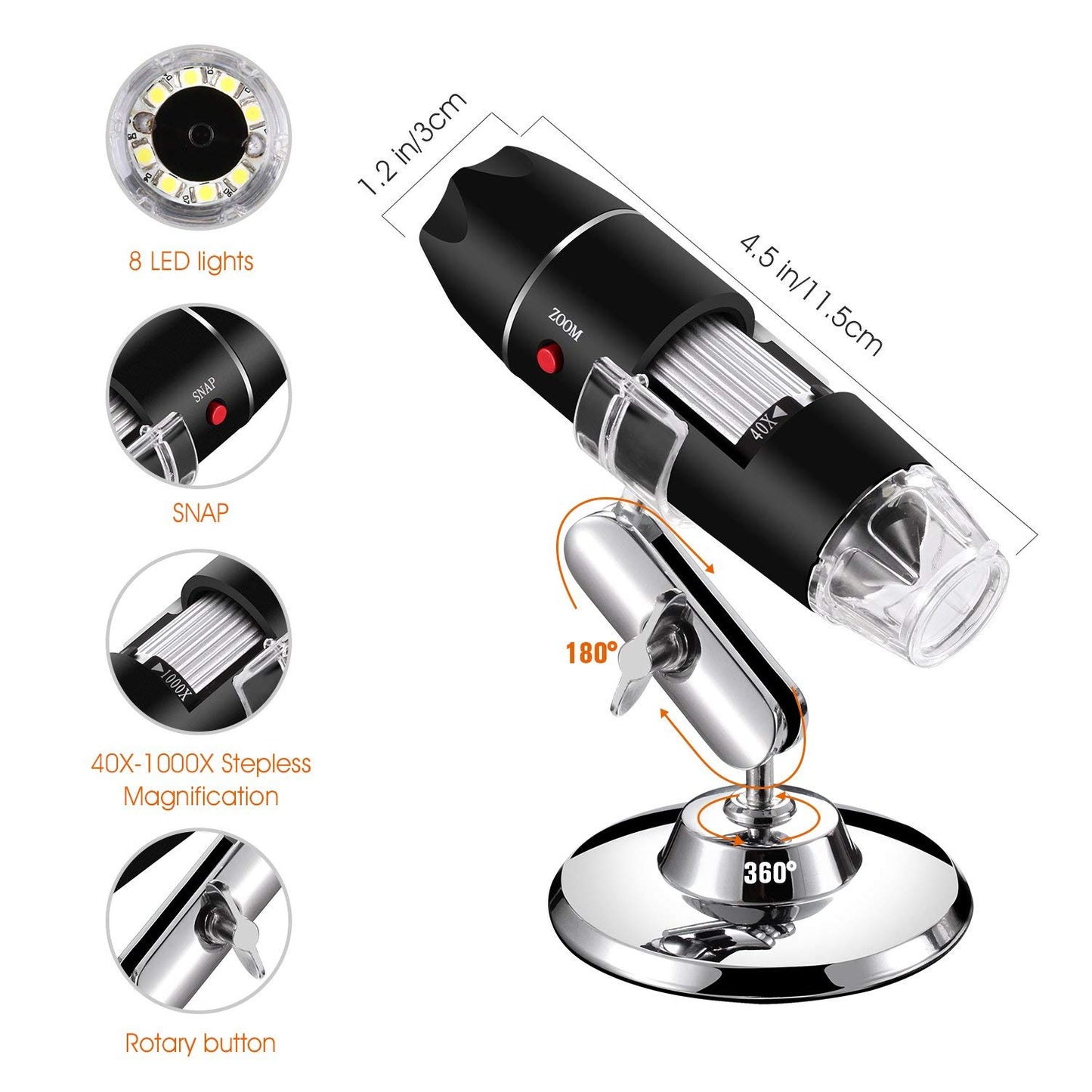 USB Digital Microscope 40X to 1000X, Bysameyee 8 LED Magnification Endoscope Camera with Carrying Case and Metal Stand, compatible for Android Windows 7 8 10 Linux Mac